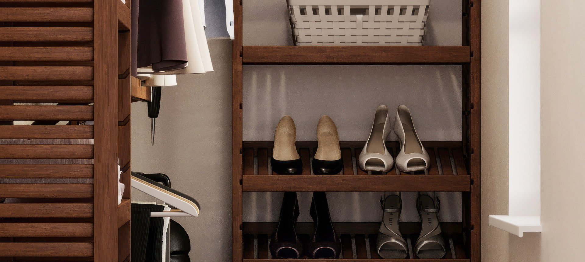 closeup of adjustable shelf towers within a closet