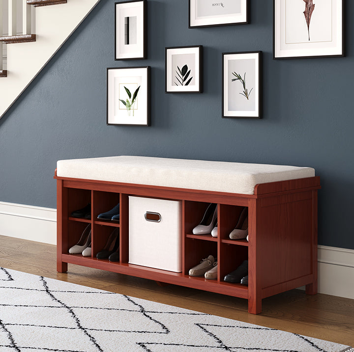 entryway shoe bench with cubby storage in nicely decorated hallway