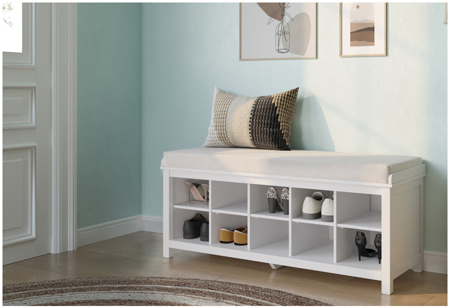 white John Lousi Home shoe storage bench placed in homes entryway organizing shoes