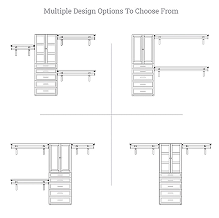 illustration of the different configuration options included with a John Louis Home closet organizer