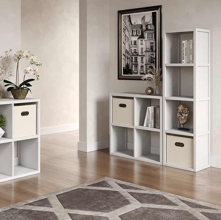 image showing how John Louis cube organizers can be used to create a custom storage solution in a living room