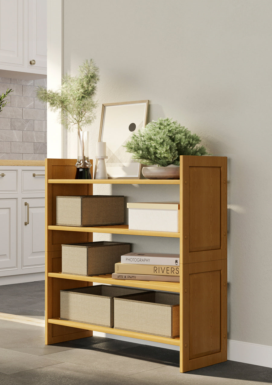 honey maple stackable storage shelving rack in hallway