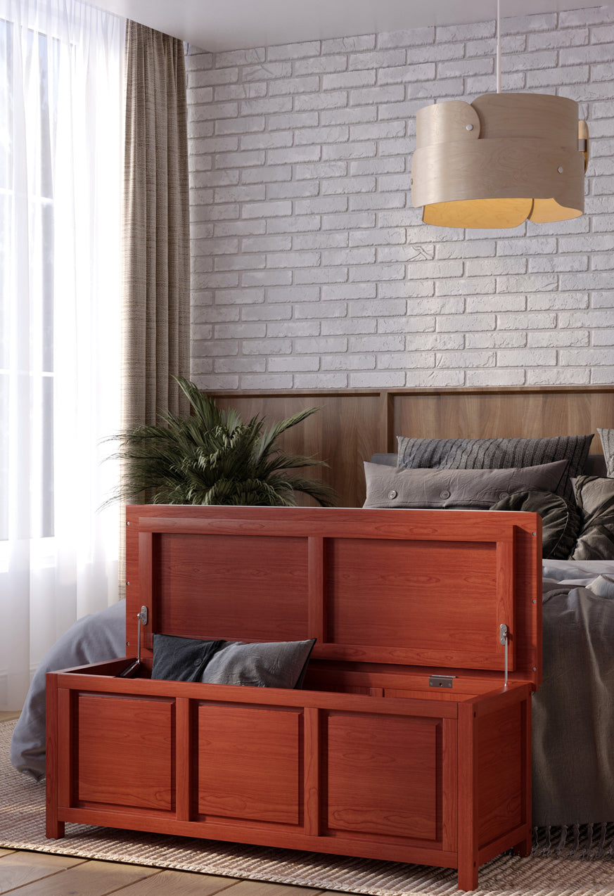 red mahogany open top storage bench at end of bed home