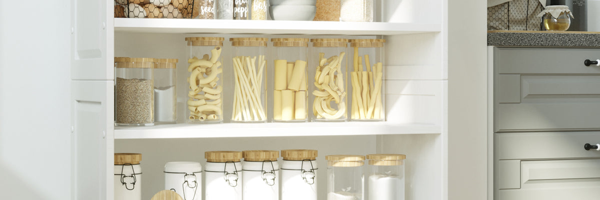 closeup of John Louis Home stackable shoe and shelving racks used in a kitchen