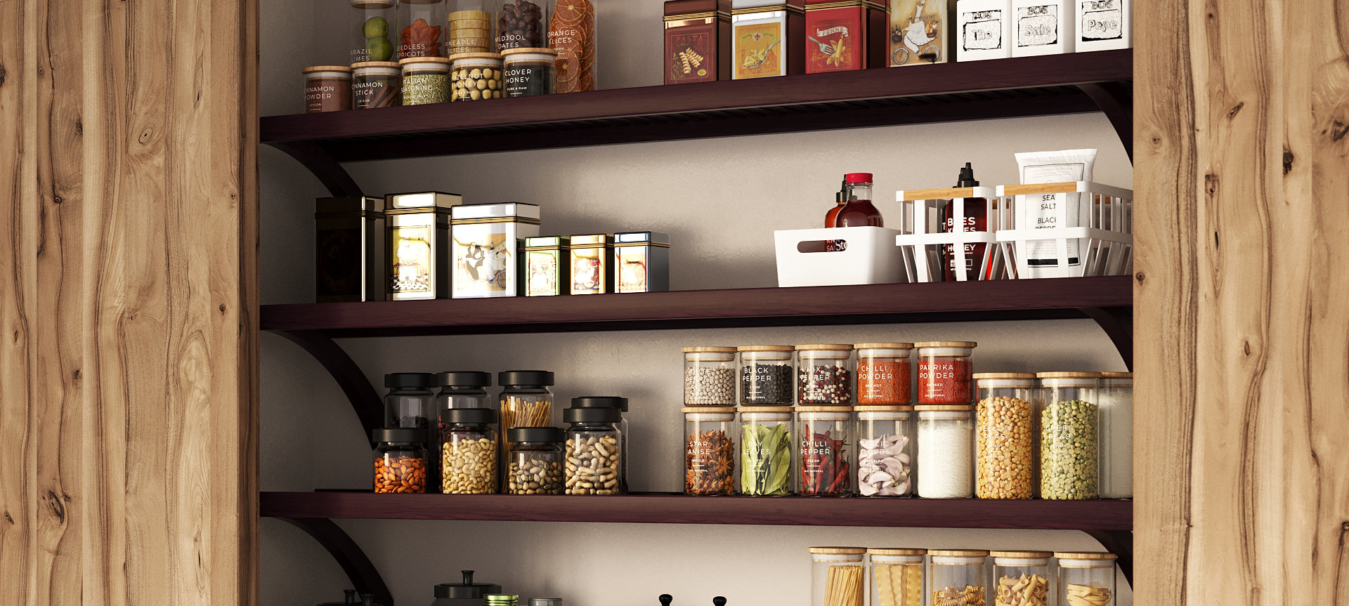 espresso shelves inside farmhouse style pantry