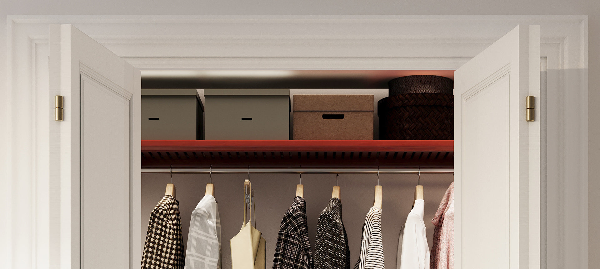 red mahogany shelf shown in small reach in closet