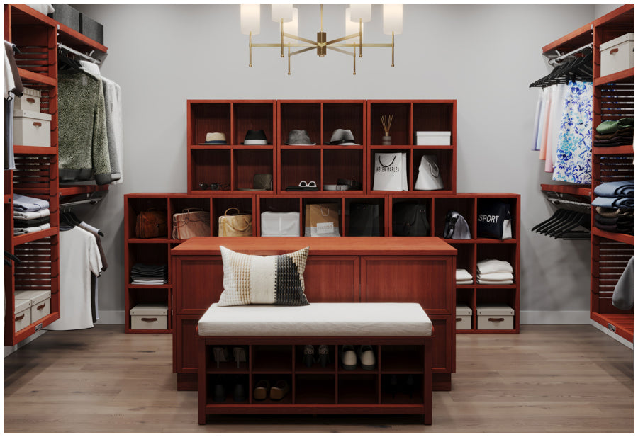 shoe storage bench in large walk in closet