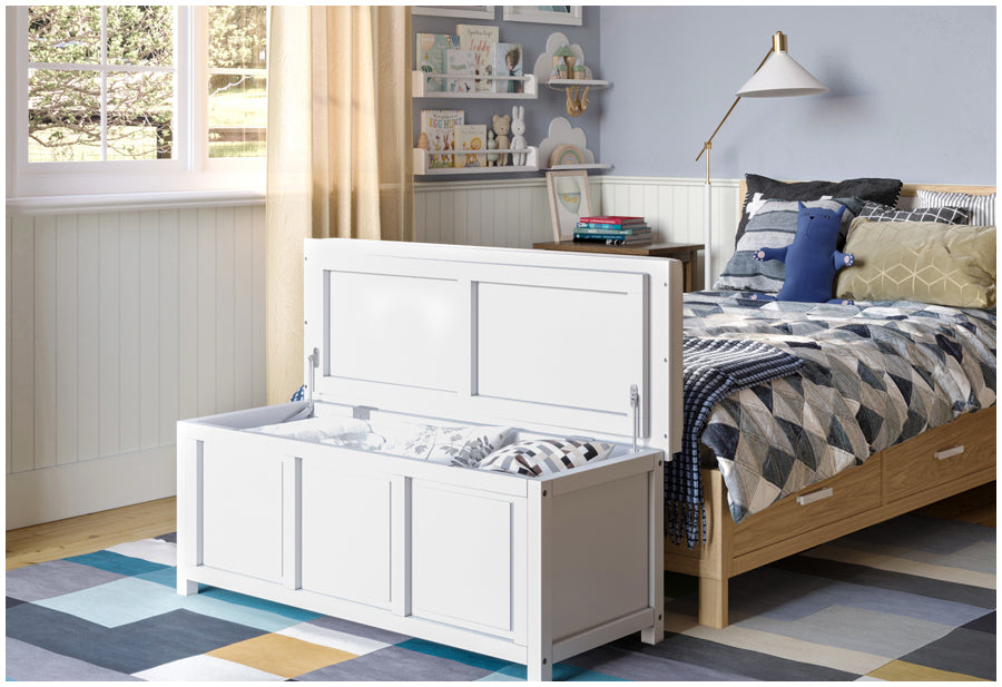 storage bench at end of boys bed